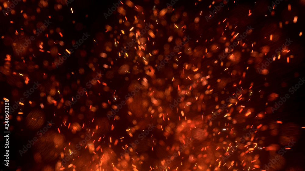 Burning Red Hot Sparks Fly From Large Fire In The Night Sky Beautiful Abstract Background On