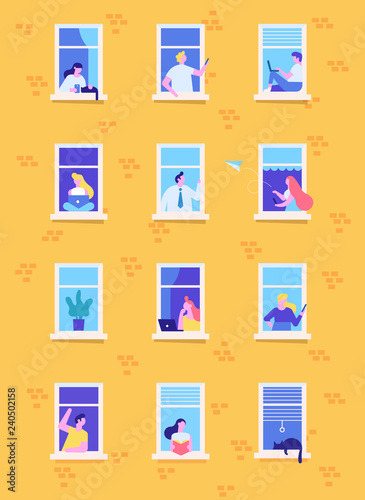 Neighbors people characters. Different Men and women. People in window frames. Flat cartoon vector illustration.	