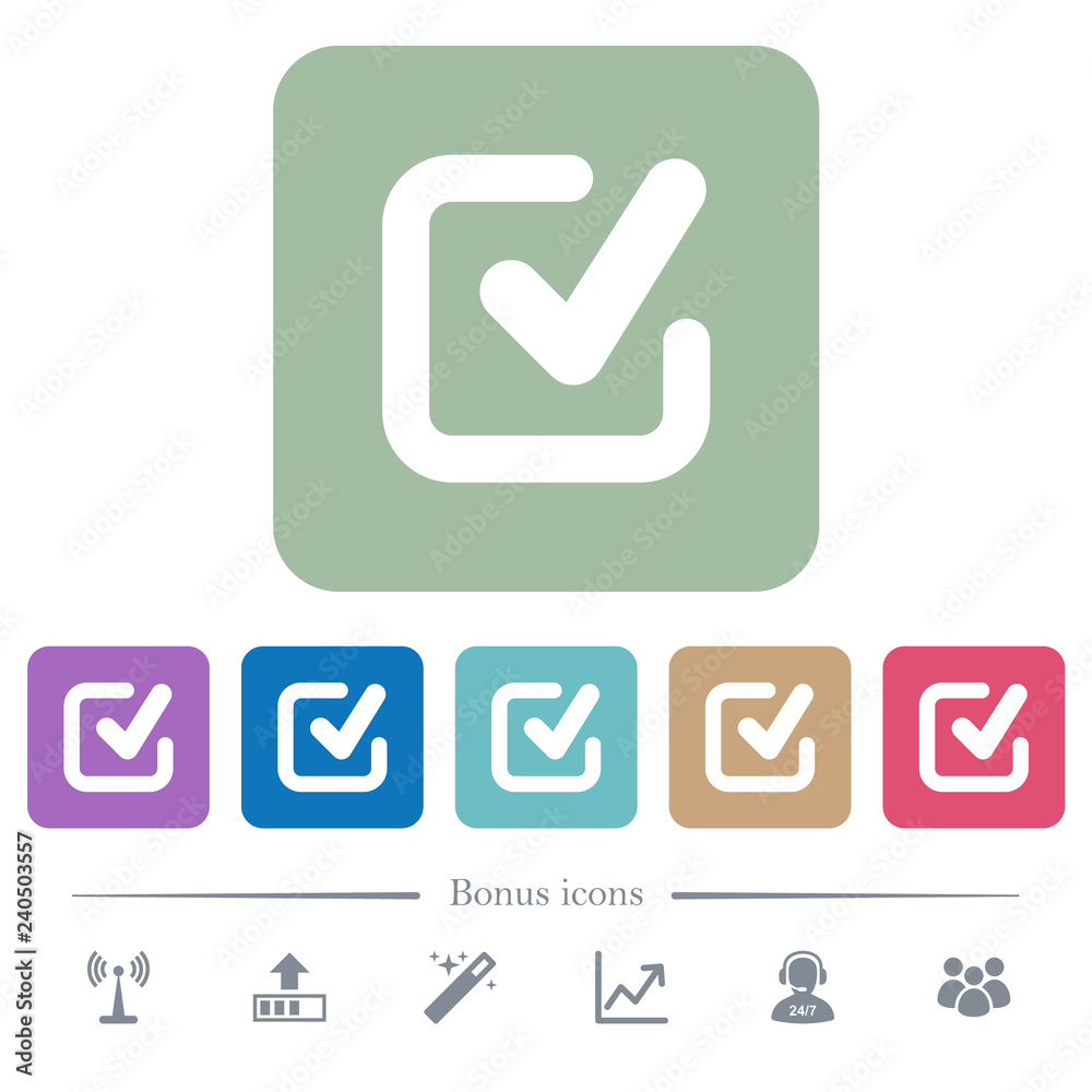 Checkmark flat icons on color rounded square backgrounds Checkmark flat icons on color rounded square backgrounds