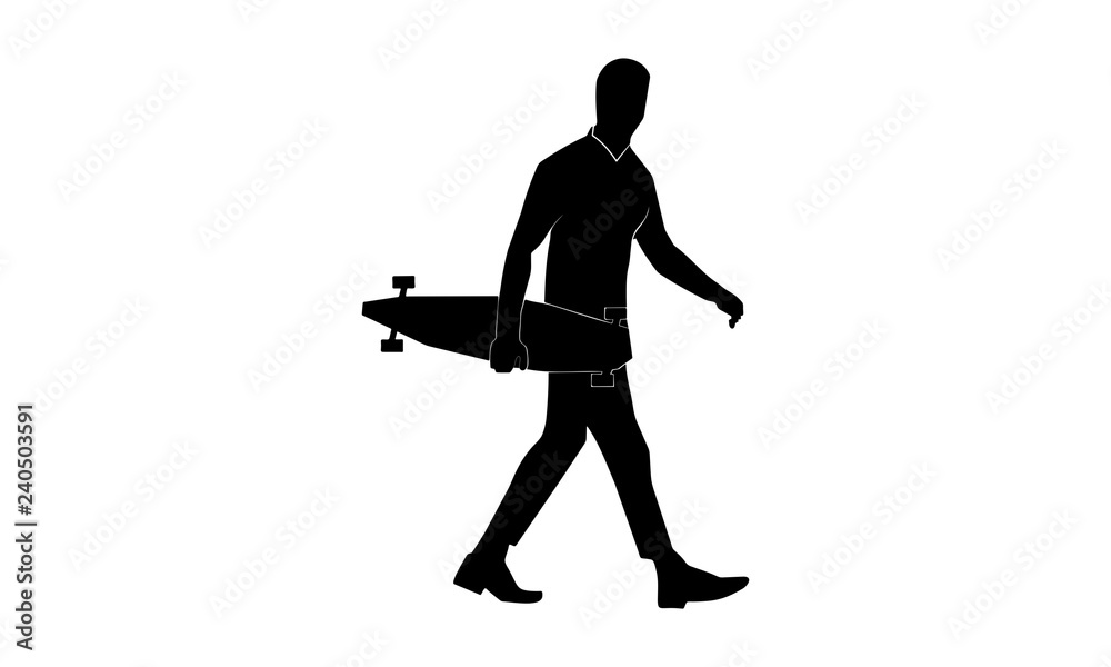 vector image of a man walking while holding a skateboard.