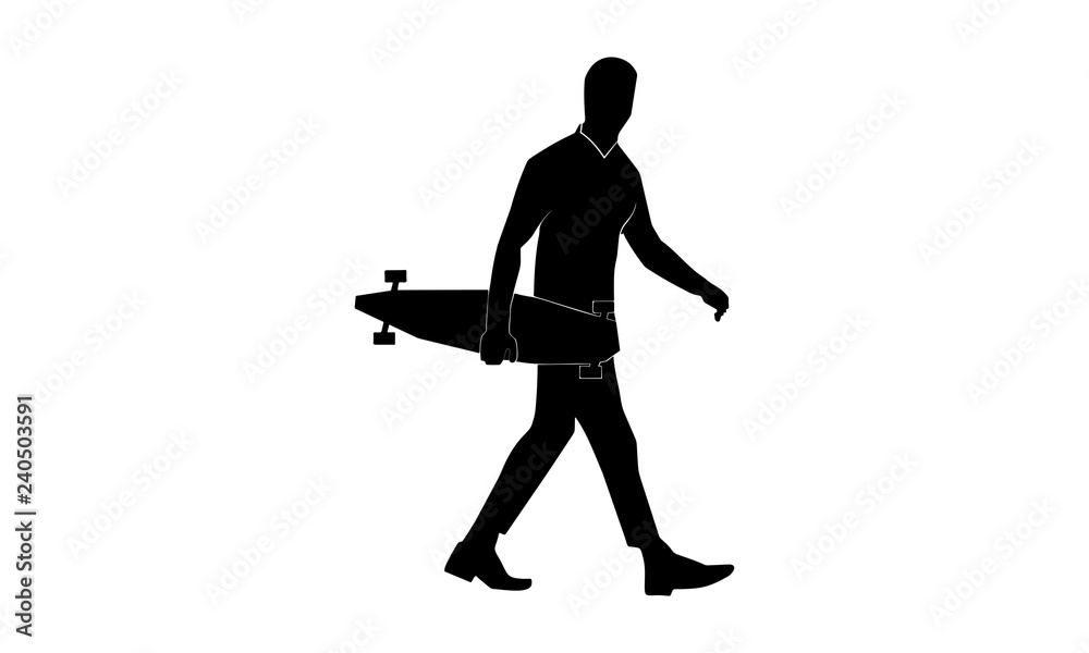 vector image of a man walking while holding a skateboard. vector image of a man walking while holding a skateboard.