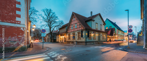 Parnu, Estonia. Night View Of Kuninga Street With Old Buildings,