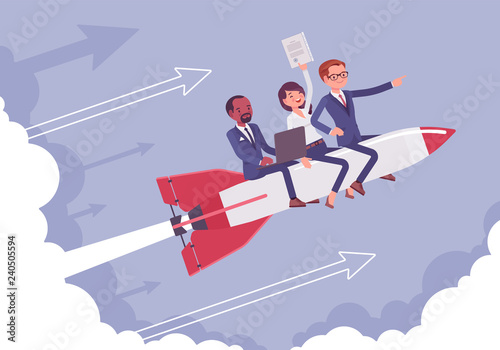 Business team go high to success on the rocket