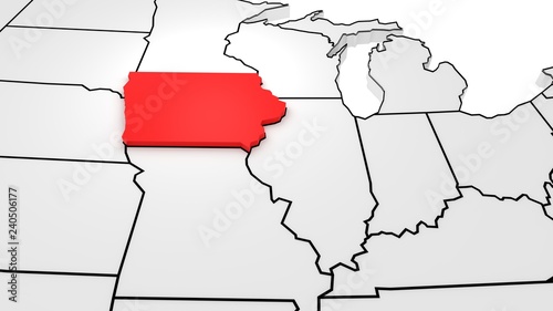 Iowa state highlighted in red on 3D map of the United States