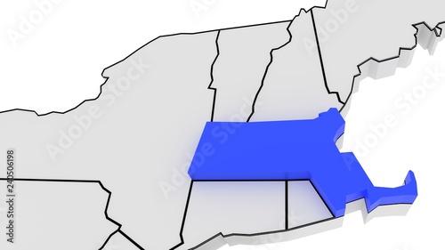 Massachusetts state highlighted in blue on 3D map of the United States 