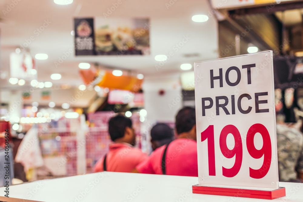 Hot price sign board in the shopping mall of Thailand.