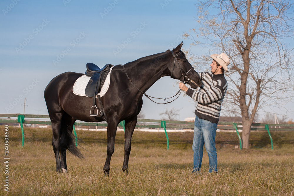 Man nearby horse, striped pullover, blue jeans, hat, landscape Man nearby horse, striped pullover, blue jeans, hat, landscape