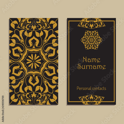 Vector business card template. Moroccan, Arabic, asian ornaments in golden color