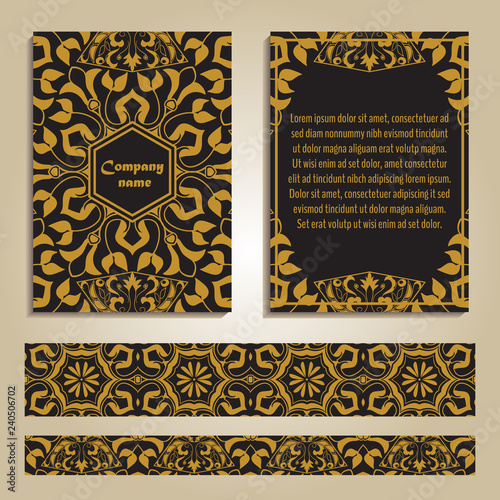 Vector set of colorful brochure templates and borders for business and invitation. Moroccan; Arabic; asian ornaments in golden color