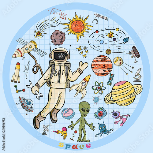 childrens colored drawings_4_on the space theme, science and the emergence of life on earth, in the style of Doodle