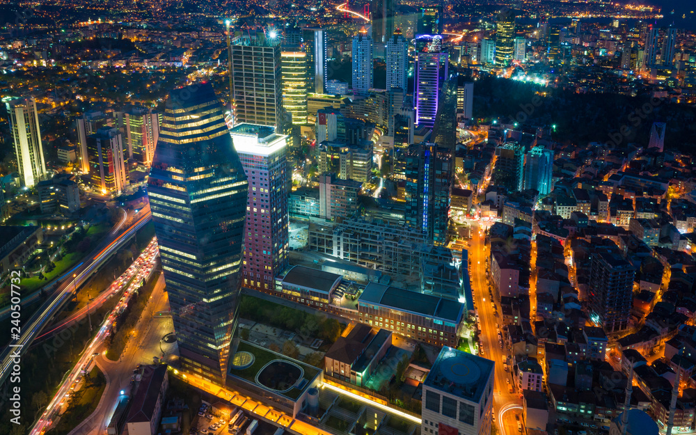 Fototapeta premium Night view business and financial district of Istanbul, Turkey