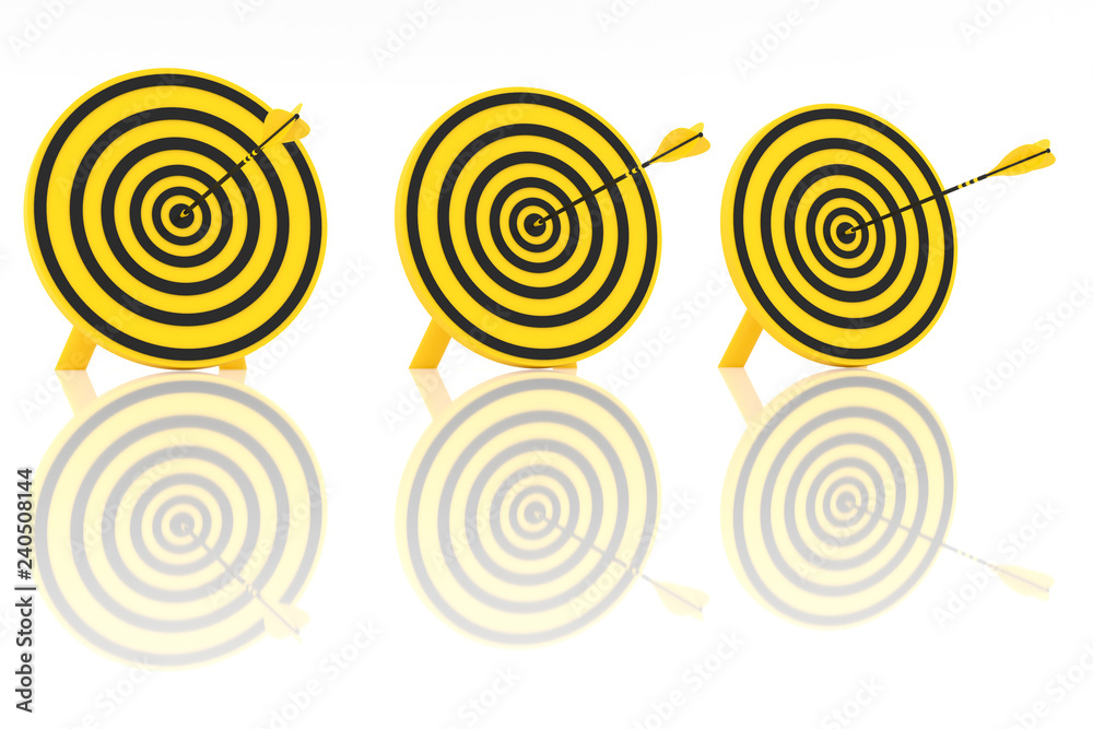 Three yellow arrows hit three yellow targets, 3d illustration