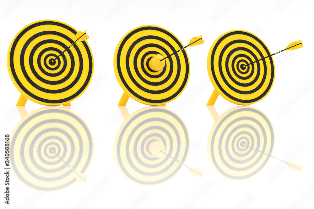 Three yellow arrows hit three yellow targets and a yellow apple in the center, 3d illustration Three yellow arrows hit three yellow targets and a yellow apple in the center, 3d illustration
