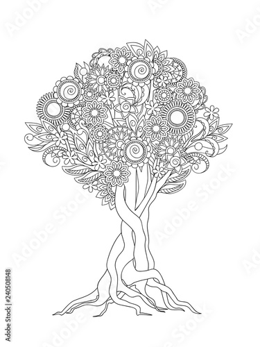 zen tangled tree with mandalas, flowers and leaves
