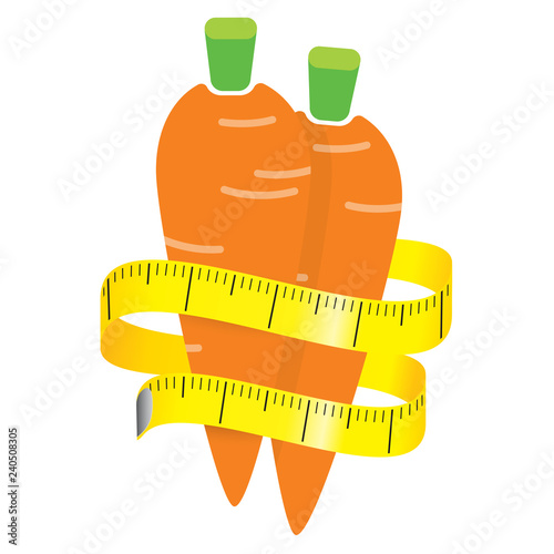 illustration of measuring tape around fresh orange carrot. Diet concept. Vector illustration