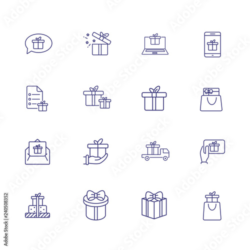 Presents line icon set. Gift boxes, gadget, online order. Celebration concept. Can be used for topics like delivery, internet store, shopping