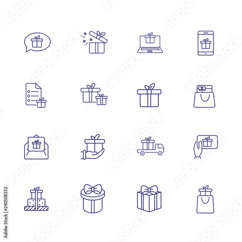 Presents line icon set. Gift boxes, gadget, online order. Celebration concept. Can be used for topics like delivery, internet store, shopping © PCH.Vector