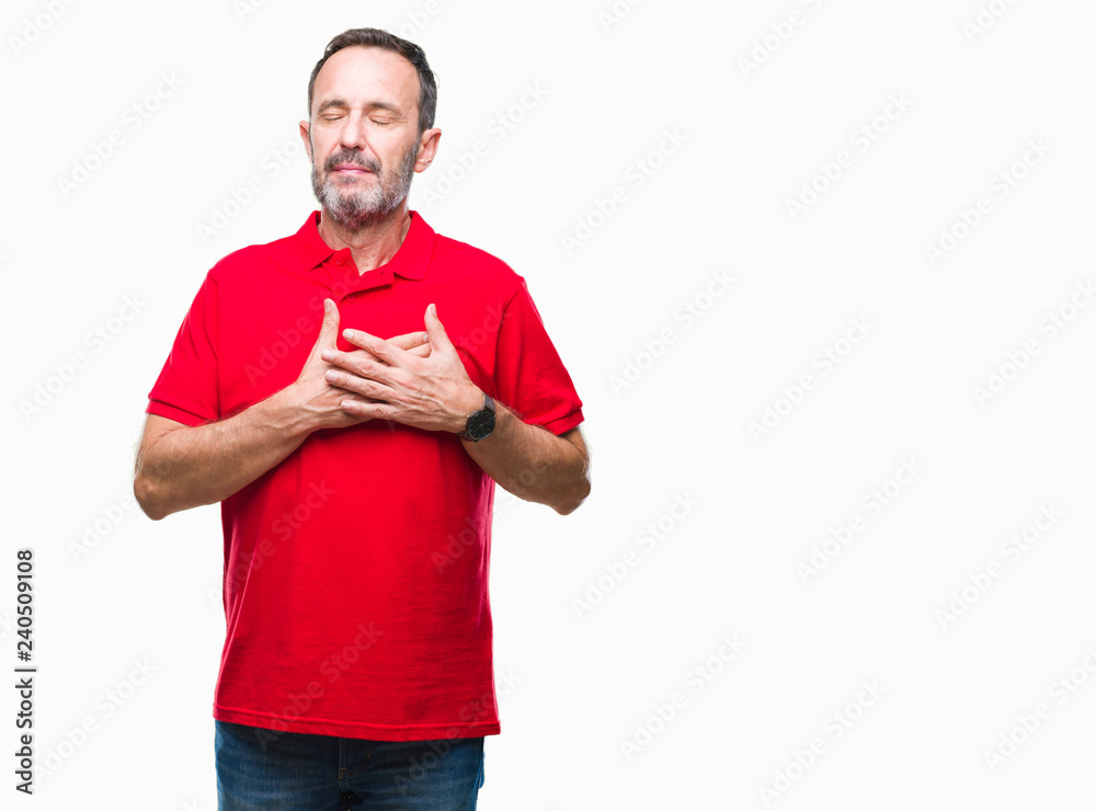 Middle age hoary senior man over isolated background smiling with hands on chest with closed eyes and grateful gesture on face. Health concept. Middle age hoary senior man over isolated background smiling with hands on chest with closed eyes and grateful gesture on face. Health concept.