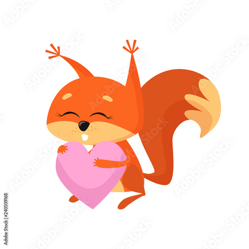 Sweet baby squirrel holding pink heart. Cute cartoon character, animal, Valentines day. Can be used for topics like love, romance, greeting