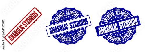ANABOLIC STEROIDS grunge stamp seals in red and blue colors. Vector ANABOLIC STEROIDS labels with draft texture. Graphic elements are rounded rectangles, rosettes, circles and text labels.