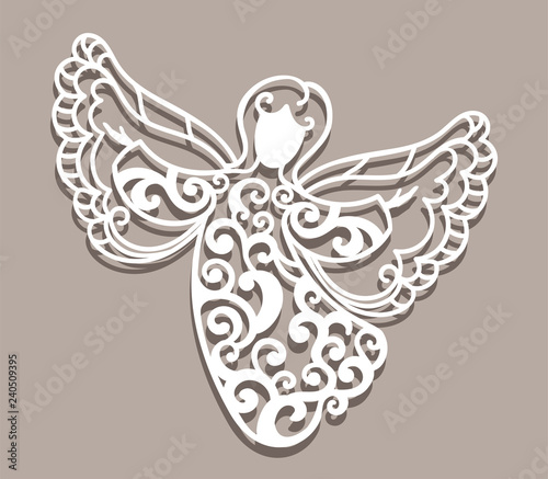 Angel for laser cutting on beige background. Ornamental simple monochrome flying angel.