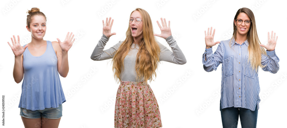 Collage of group of blonde women over isolated background showing and pointing up with fingers number ten while smiling confident and happy. Collage of group of blonde women over isolated background showing and pointing up with fingers number ten while smiling confident and happy.