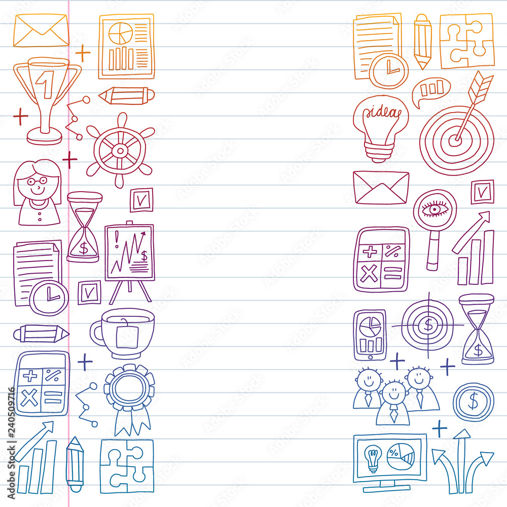 Vector set of bussines icons in doodle style. colorful gradient on a piece of paper in line.