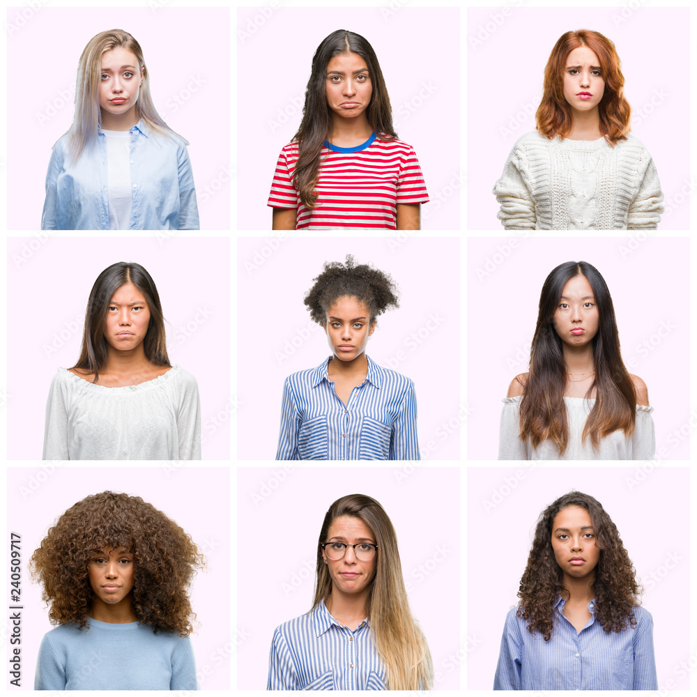 Collage of young women over pink isolated background depressed and worry for distress, crying angry and afraid. Sad expression. Collage of young women over pink isolated background depressed and worry for distress, crying angry and afraid. Sad expression.