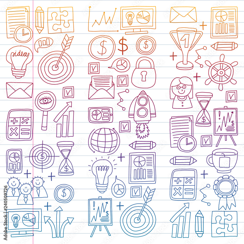 Vector set of bussines icons in doodle style. colorful gradient on a piece of paper in line. Vector set of bussines icons in doodle style. colorful gradient on a piece of paper in line.