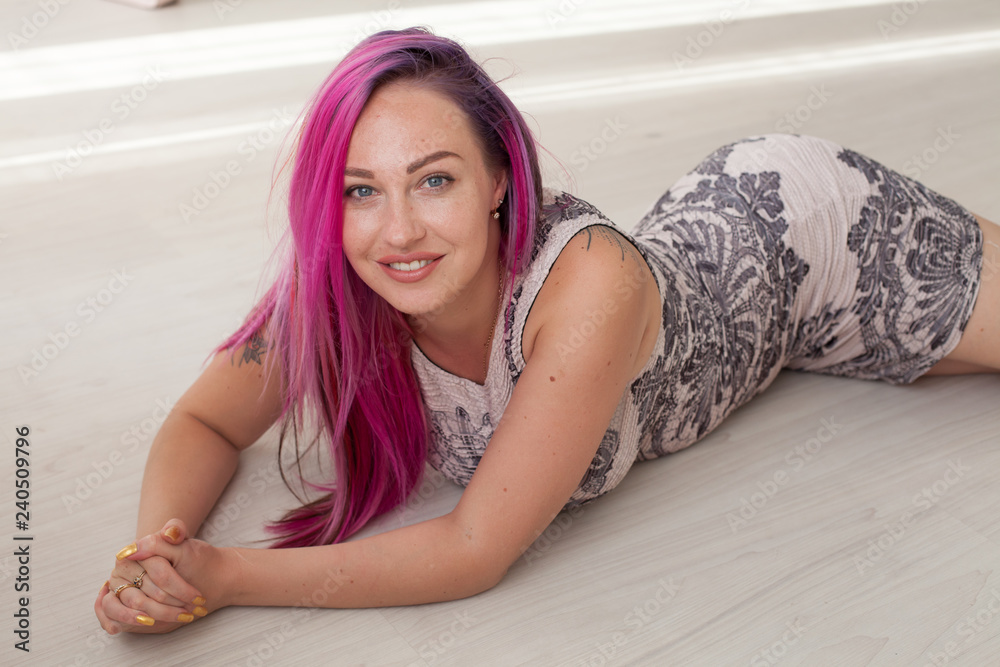 fashion portrait of a beautiful woman with pink hair room fashion portrait of a beautiful woman with pink hair room