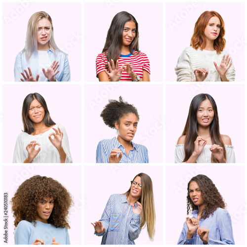 Collage of young women over pink isolated background disgusted expression, displeased and fearful doing disgust face because aversion reaction. With hands raised. Annoying concept.