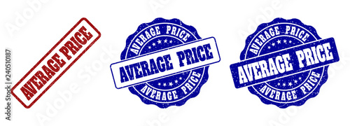 AVERAGE PRICE grunge stamp seals in red and blue colors. Vector AVERAGE PRICE labels with grainy style. Graphic elements are rounded rectangles, rosettes, circles and text labels.