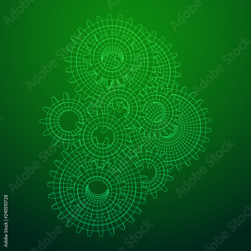 Gears. Mechanical technology machine engineering symbol. Industry development  engine work  business solution concept. Wireframe low poly mesh vector illustration