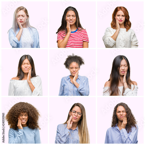 Collage of young women over pink isolated background touching mouth with hand with painful expression because of toothache or dental illness on teeth. Dentist concept.