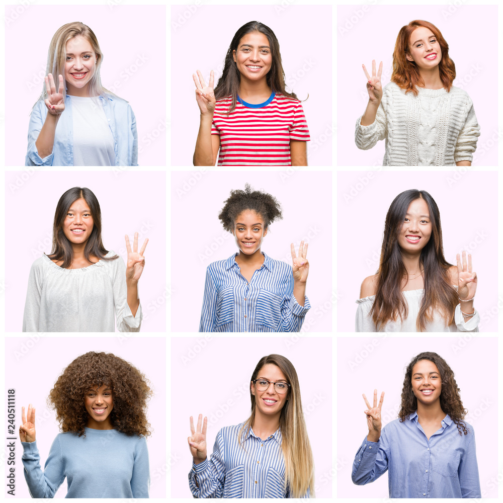 Collage of young women over pink isolated background showing and pointing up with fingers number three while smiling confident and happy. Collage of young women over pink isolated background showing and pointing up with fingers number three while smiling confident and happy.
