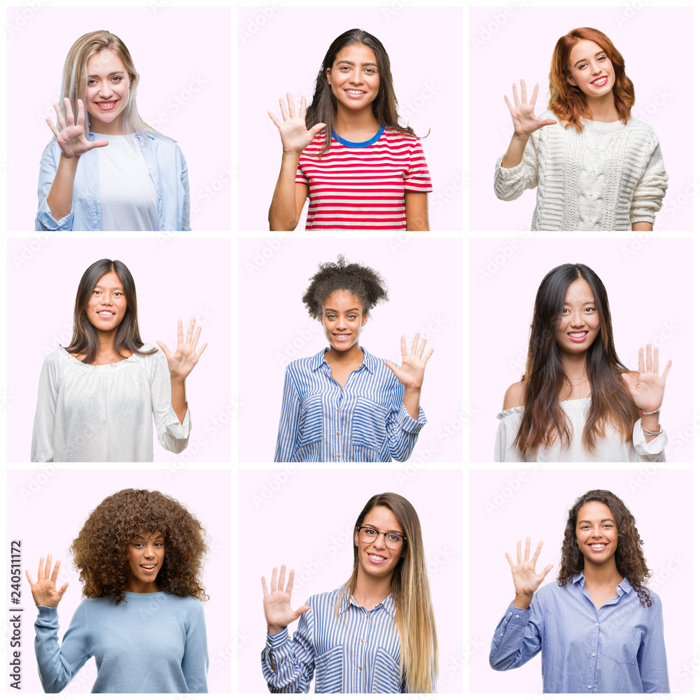 Collage of young women over pink isolated background showing and pointing up with fingers number five while smiling confident and happy. Collage of young women over pink isolated background showing and pointing up with fingers number five while smiling confident and happy.
