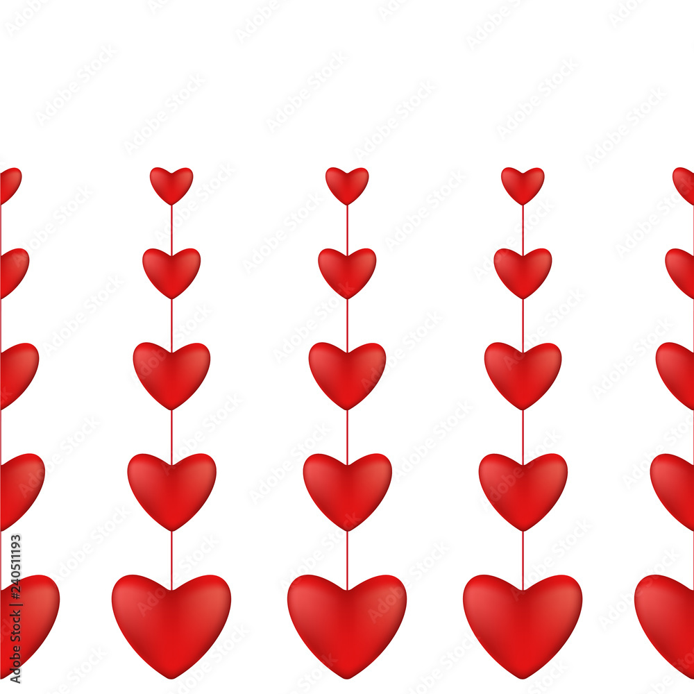 Horizontal seamless border of vertical red hearts.
