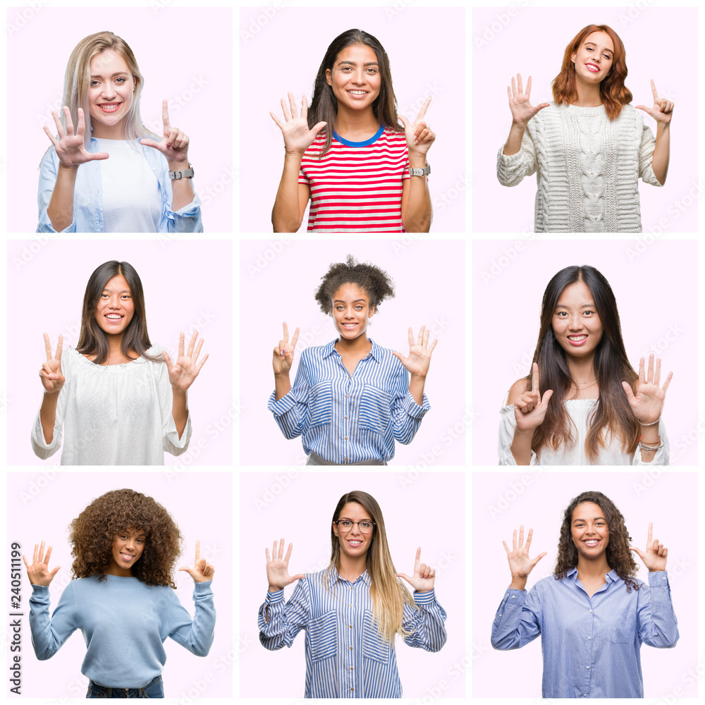 Collage of young women over pink isolated background showing and pointing up with fingers number seven while smiling confident and happy. Collage of young women over pink isolated background showing and pointing up with fingers number seven while smiling confident and happy.