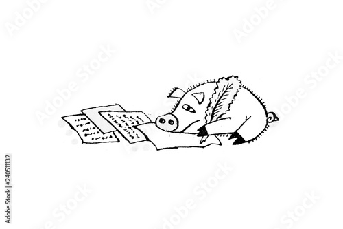 Obraz na plátně Piglet writing a letter with a quill pen.