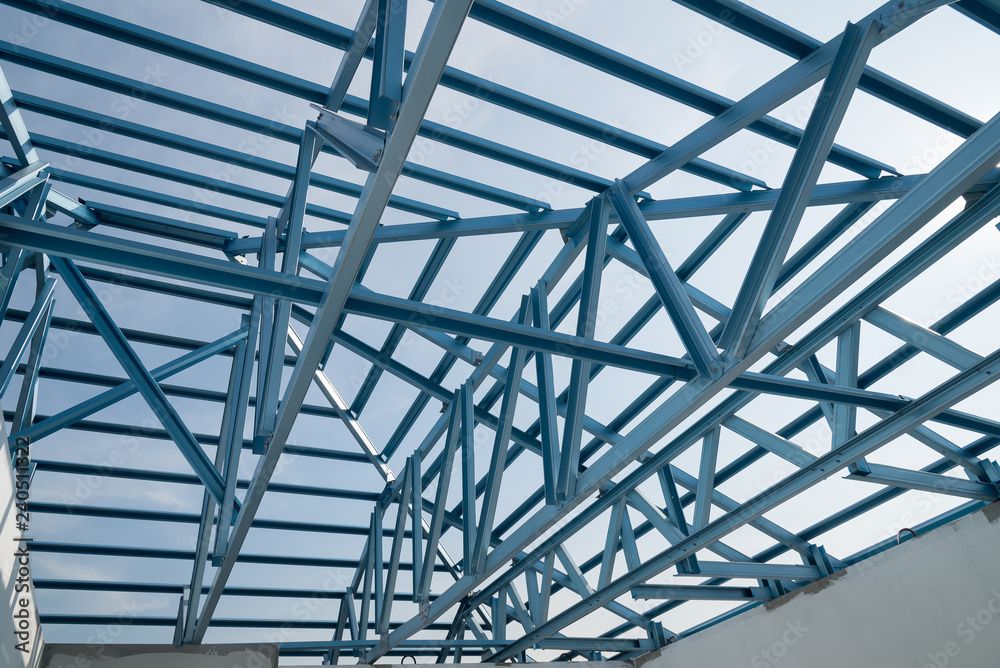 Structure of steel roof frame for building construction.