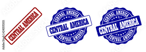 CENTRAL AMERICA grunge stamp seals in red and blue colors. Vector CENTRAL AMERICA marks with grunge style. Graphic elements are rounded rectangles, rosettes, circles and text labels.
