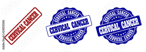CERVICAL CANCER grunge stamp seals in red and blue colors. Vector CERVICAL CANCER watermarks with grunge effect. Graphic elements are rounded rectangles, rosettes, circles and text captions.