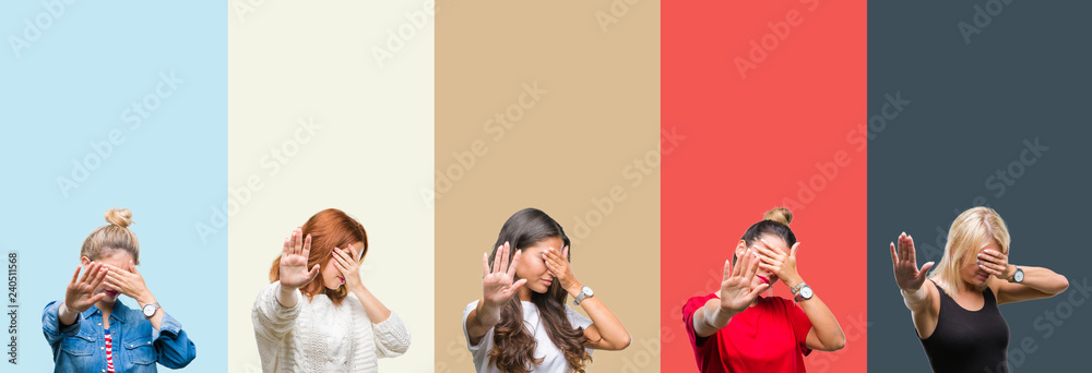 Collage of group of beautiful casual woman over vintage autumn colors isolated background covering eyes with hands and doing stop gesture with sad and fear expression. Embarrassed Collage of group of beautiful casual woman over vintage autumn colors isolated background covering eyes with hands and doing stop gesture with sad and fear expression. Embarrassed