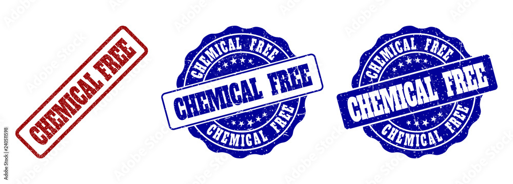CHEMICAL FREE grunge stamp seals in red and blue colors. Vector CHEMICAL FREE imprints with distress style. Graphic elements are rounded rectangles, rosettes, circles and text labels.