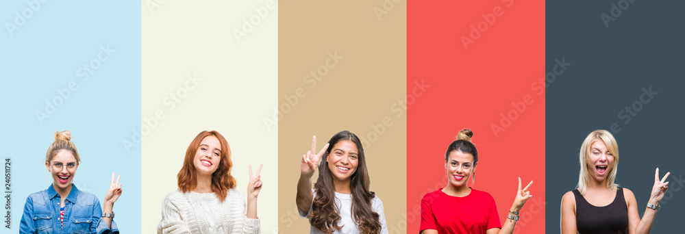 © Krakenimages.com - Collage of group of beautiful casual woman over vintage autumn colors isolated background smiling with happy face winking at the camera doing victory sign. Number two.