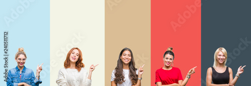 Collage of group of beautiful casual woman over vintage autumn colors isolated background with a big smile on face, pointing with hand and finger to the side looking at the camera.