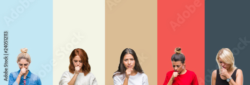 Collage of group of beautiful casual woman over vintage autumn colors isolated background feeling unwell and coughing as symptom for cold or bronchitis. Healthcare concept.