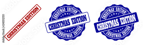 CHRISTMAS EDITION grunge stamp seals in red and blue colors. Vector CHRISTMAS EDITION signs with grunge effect. Graphic elements are rounded rectangles, rosettes, circles and text captions.