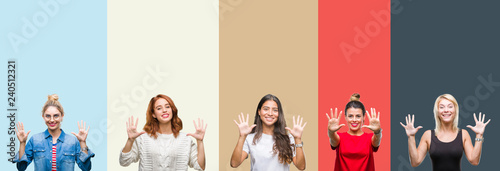Collage of group of beautiful casual woman over vintage autumn colors isolated background showing and pointing up with fingers number ten while smiling confident and happy.