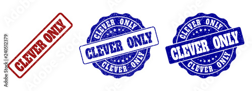 CLEVER ONLY grunge stamp seals in red and blue colors. Vector CLEVER ONLY overlays with grunge texture. Graphic elements are rounded rectangles, rosettes, circles and text titles.